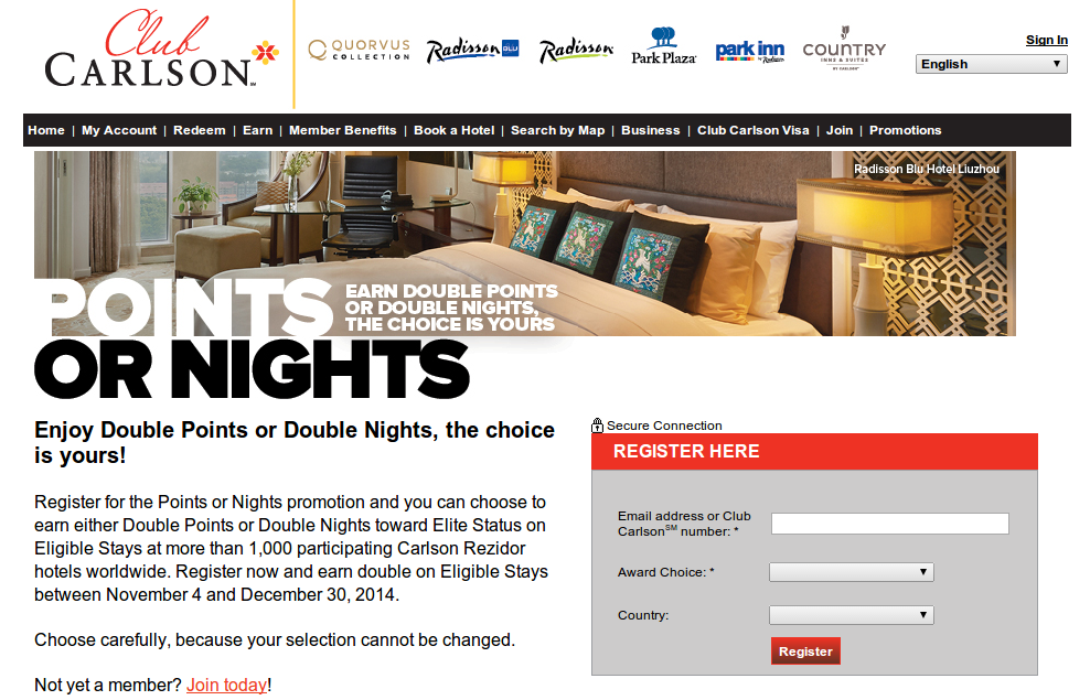 Club Carlson 2014 Q4 promotion. Double Points or Double Nights