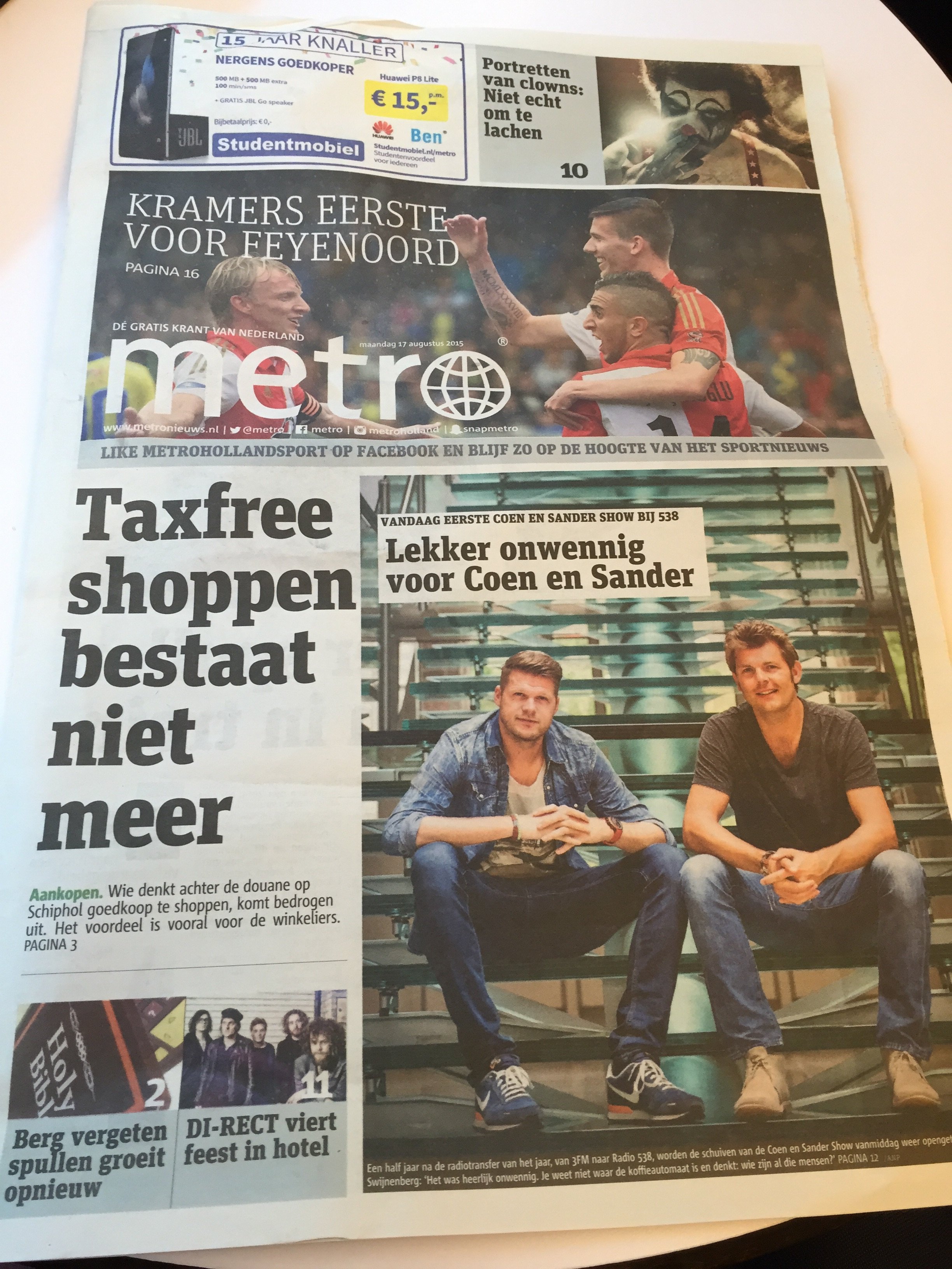 Metro Holland 17th August 2015 front page