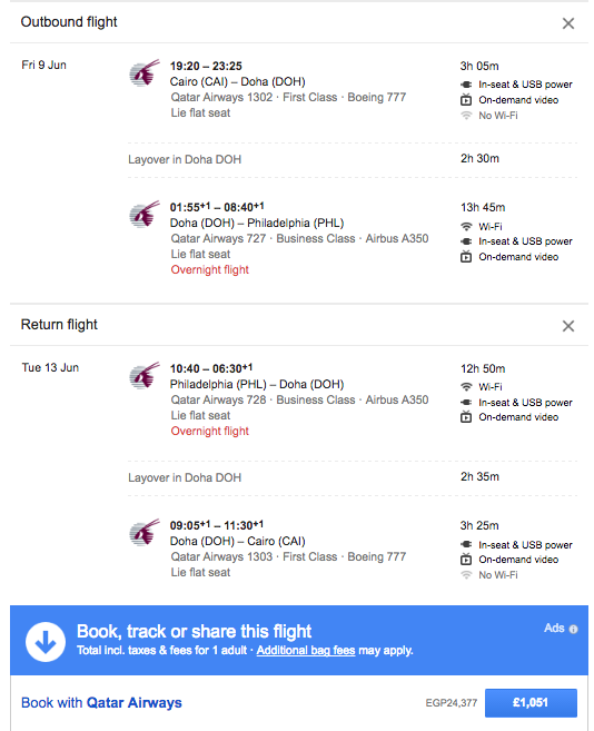 Amazing Qatar business class fare, Cairo to USA, from £1051 / $1255