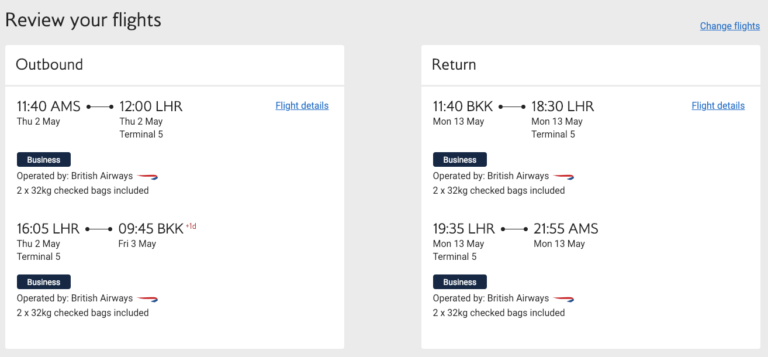 Deal of the day: €1458 British Airways Amsterdam to Bangkok business class