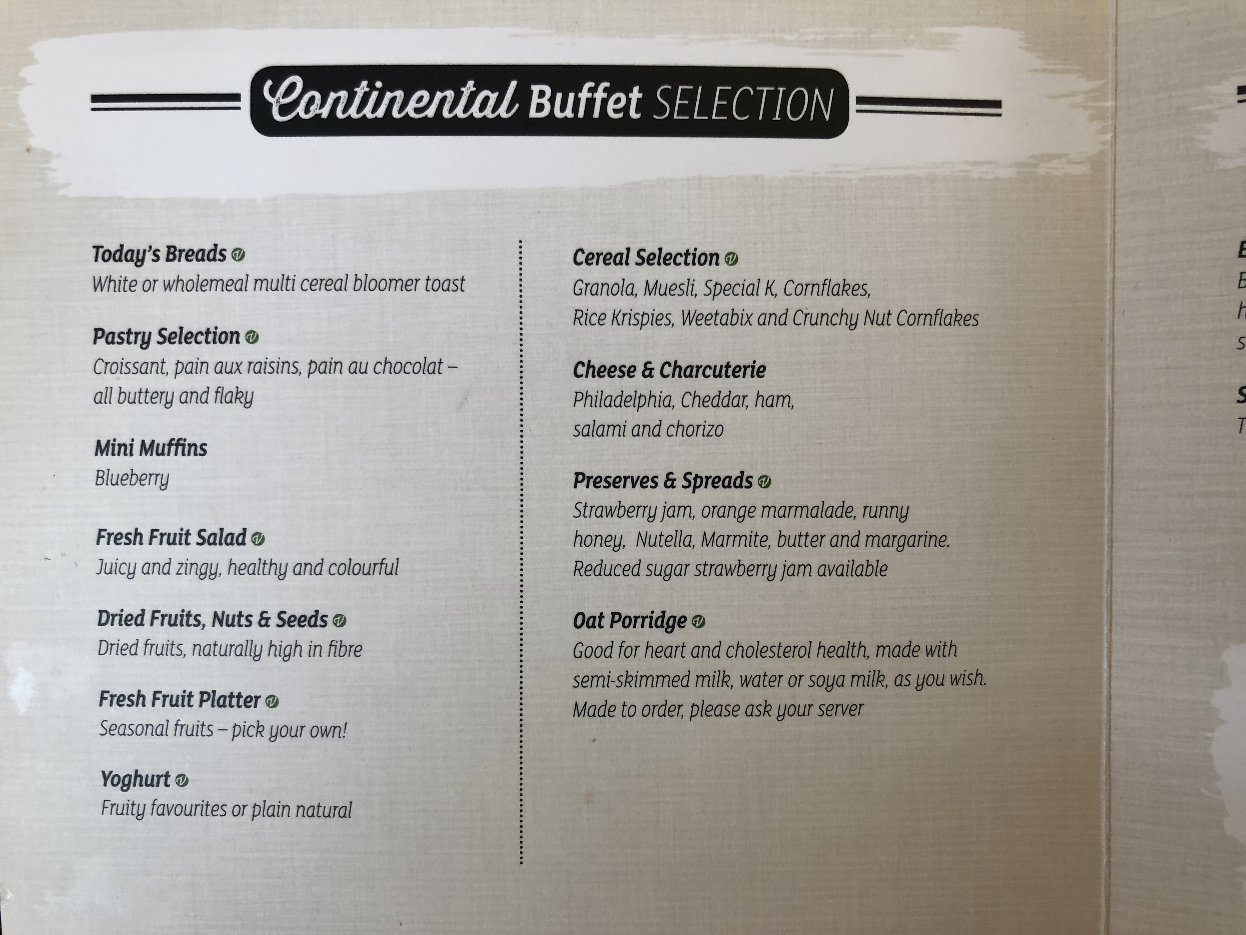 a menu of continental buffet selection