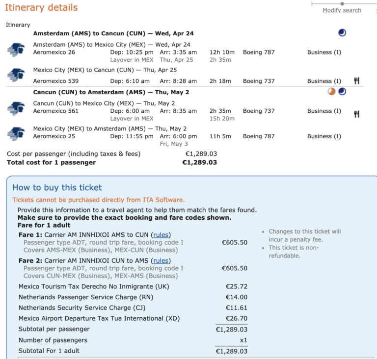 Great fare: Amsterdam to Cancun, Mexico – €1290, AeroMexico B787 Business Class. KLM B747 also available.