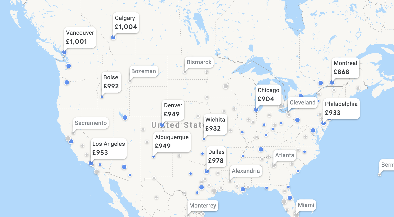 a map of the united states with numbers and prices