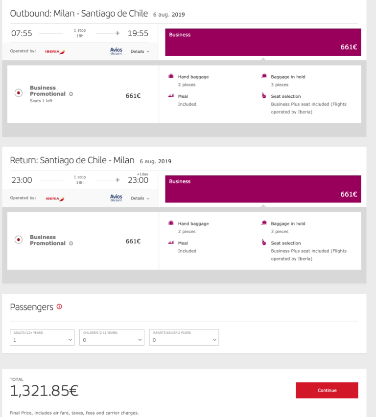 AMAZING DEAL: €1320 Milan to Santiago (Chile) via Madrid, Iberia business class, 400TP round trip.