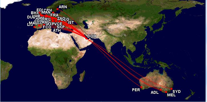Australia to Europe with Qatar Airways starting for €607/$928 AUD [Economy Class]