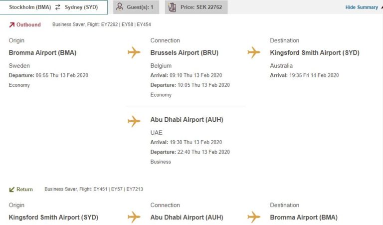Sweden to Australia in Business Class with Etihad Airways starting from €2,157/£1,832