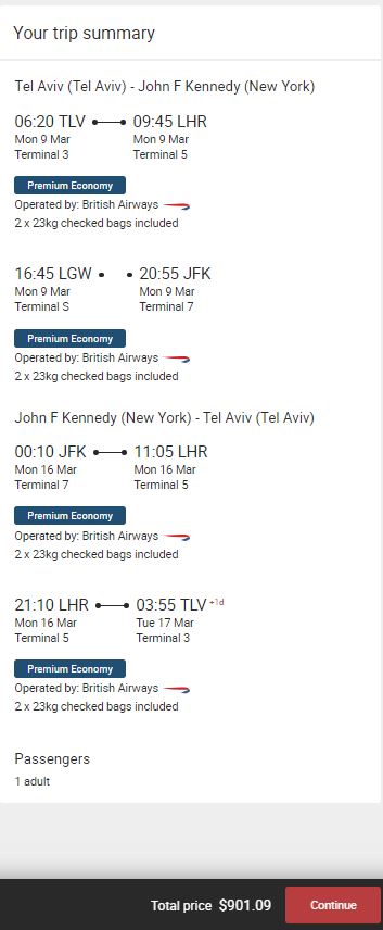 Middle East to North America in British Airways Premium Economy starting from $851/€777