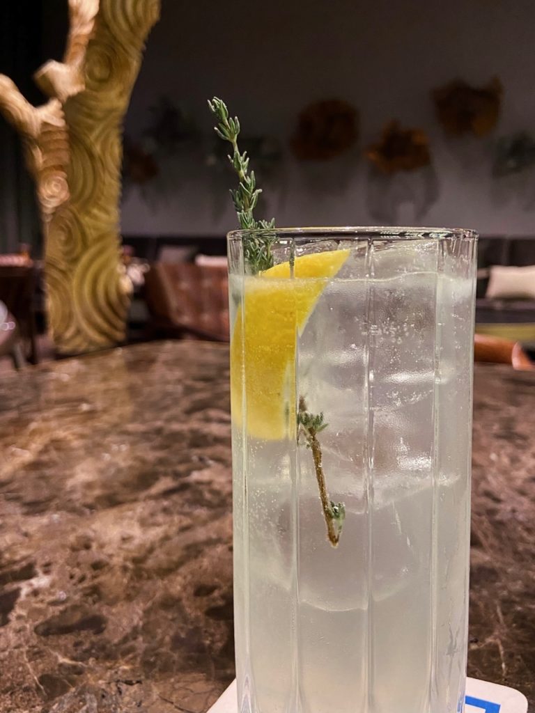 a glass of liquid with a lemon and a twig on top of it